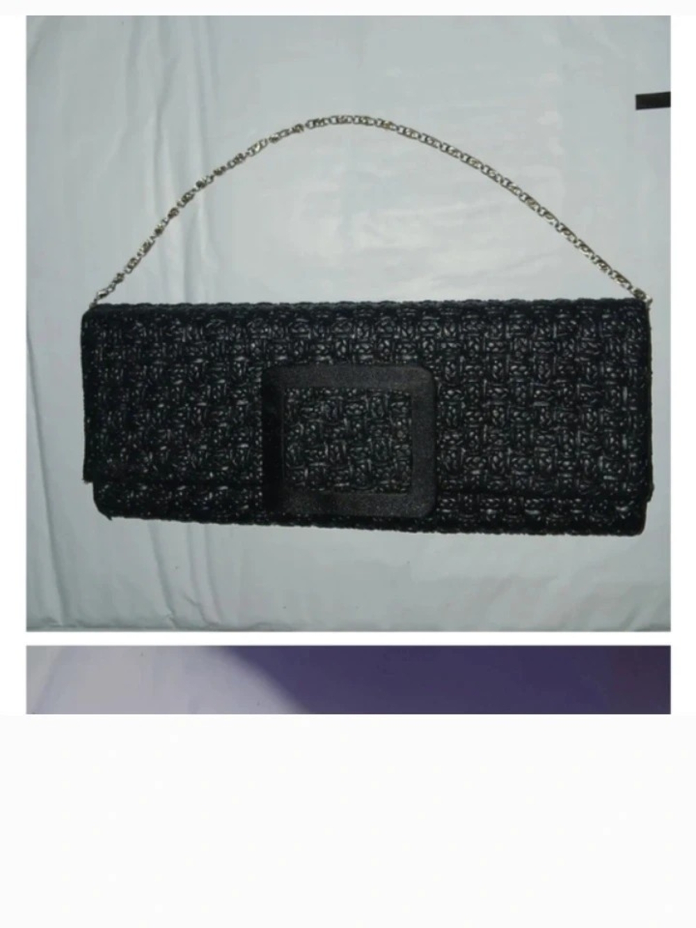 Black Woven Clutch with Chain Strap and Decorative Buckle